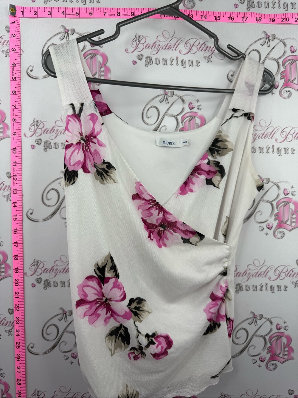 Ricki's tank top White Floral Surplice Tank Top with Pink Blooms